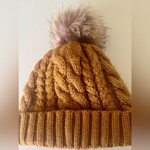 Timberland Tan Chunky Knit Faux Fur Pom Beanie